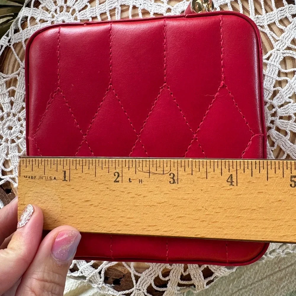 WOLF Red Square Jewelry Case Travel Organizer Quilted Tassel Leather
